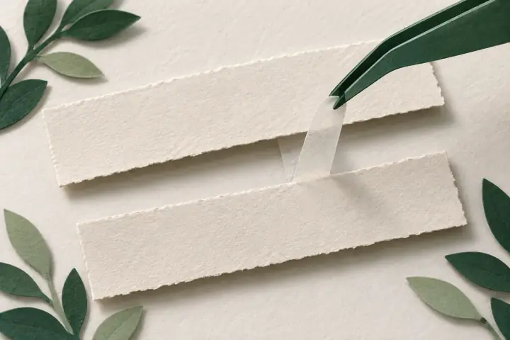Tweezers remove a spacer between matching paper text strips.