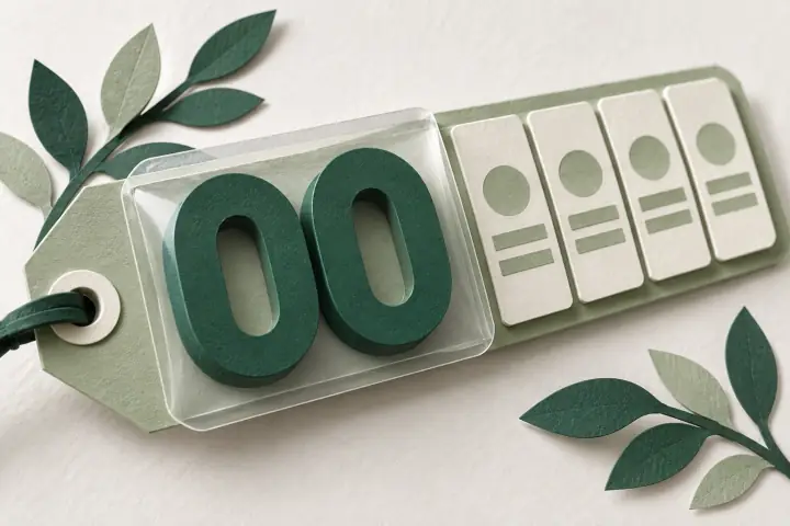 Two green zero rings are protected at the front of an ID tag.