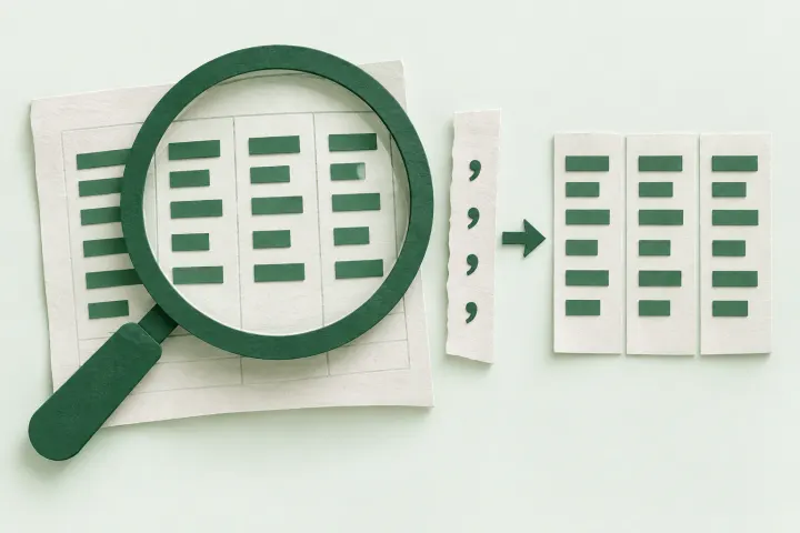 Paper spreadsheet columns inspected through a green magnifying glass.