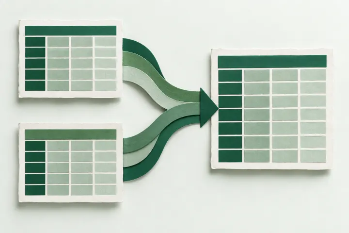 Two paper spreadsheets flowing into one table with aligned columns.