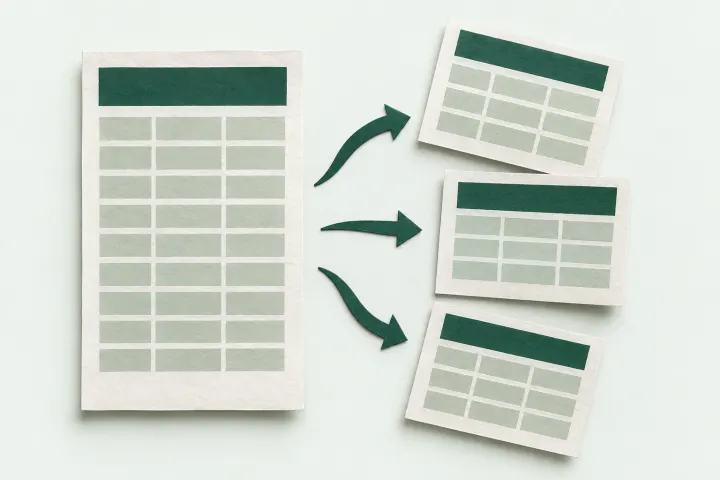 One paper spreadsheet divided into smaller sheets with matching headers.