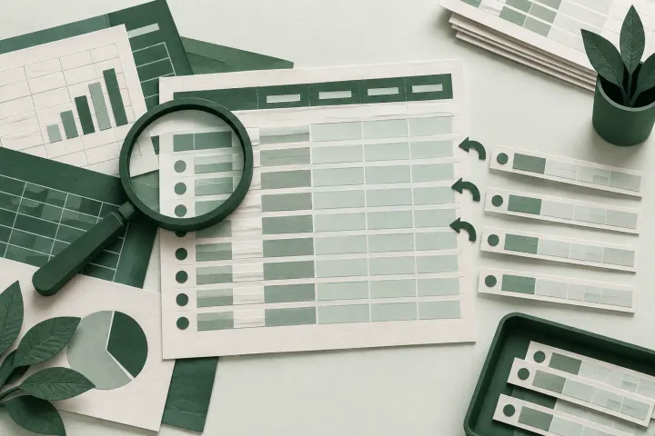 Paper spreadsheets, a magnifying glass and loose rows arranged on a workbench.